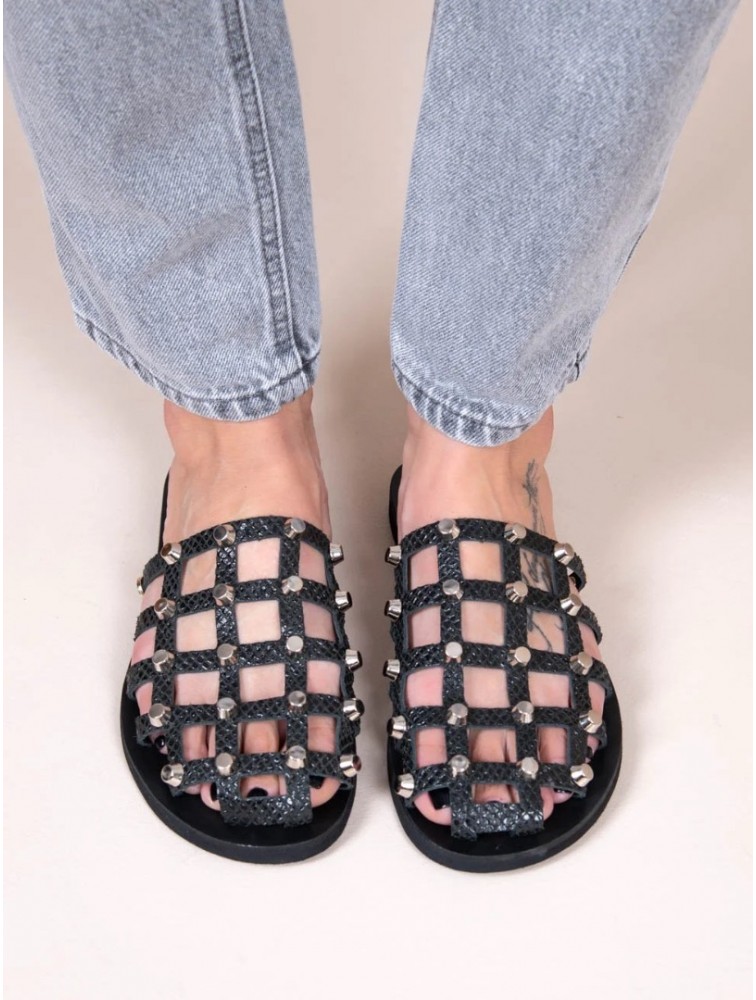 SANDALISTA Grillet Stellar Noir Women's Leather Mules/Sandals Black With Studs