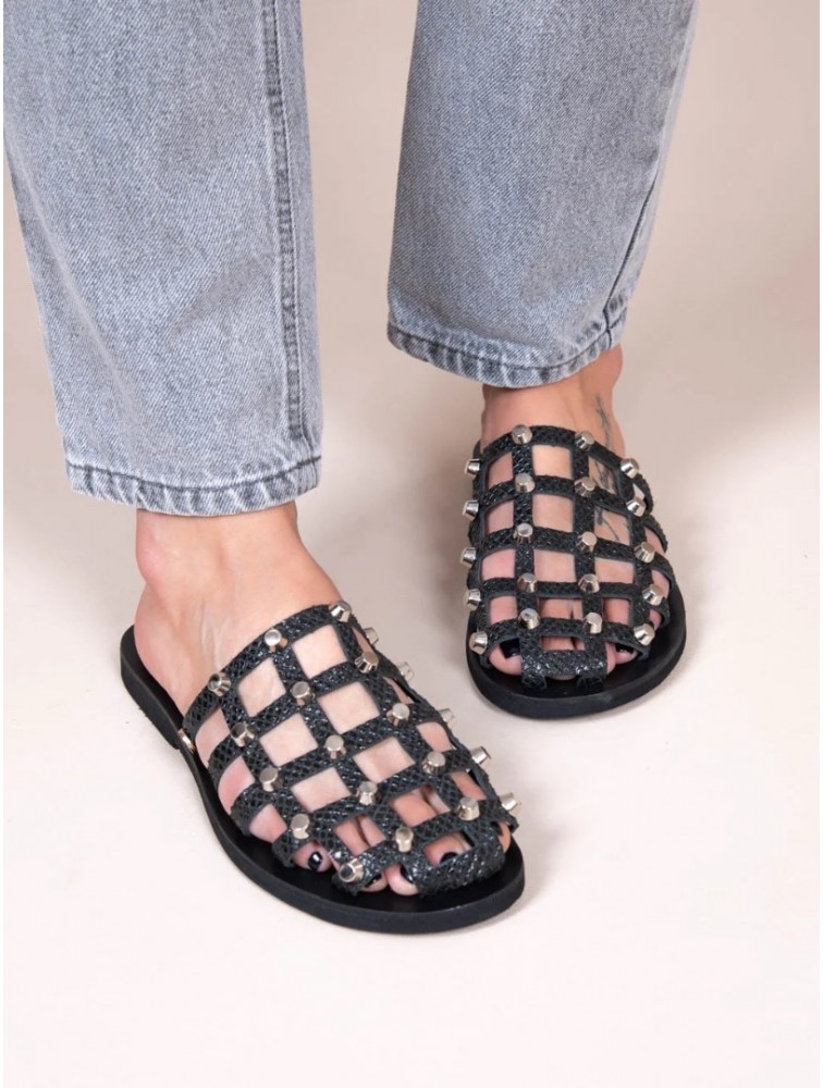 SANDALISTA Grillet Stellar Noir Women's Leather Mules/Sandals Black With Studs