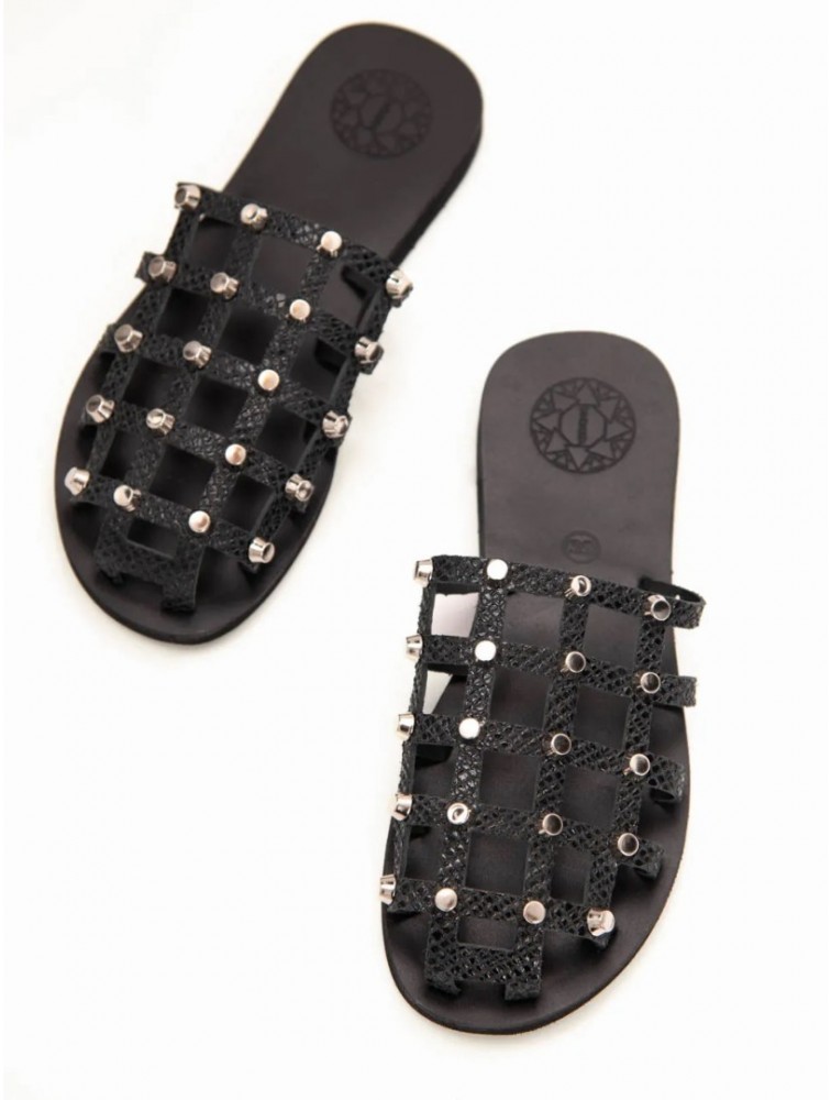 SANDALISTA Grillet Stellar Noir Women's Leather Mules/Sandals Black With Studs