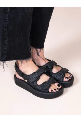 SANDALISTA Jane Noir Γυναικεία Μαύρα Δερμάτινα Πλατφορμέ Σανδάλια