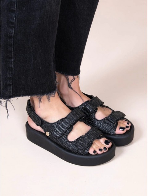 SANDALISTA Jane Noir Women's Black Leather Flatforms