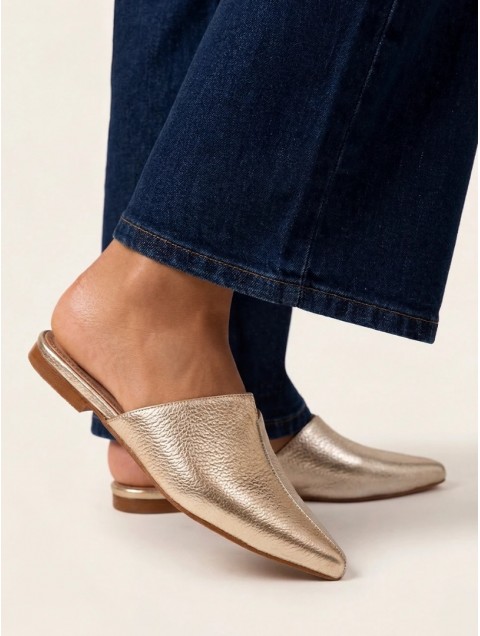 SANDALISTA Pointe Metal Γυναικεία Δερμάτινα Mules Ασημί/Χρυσό