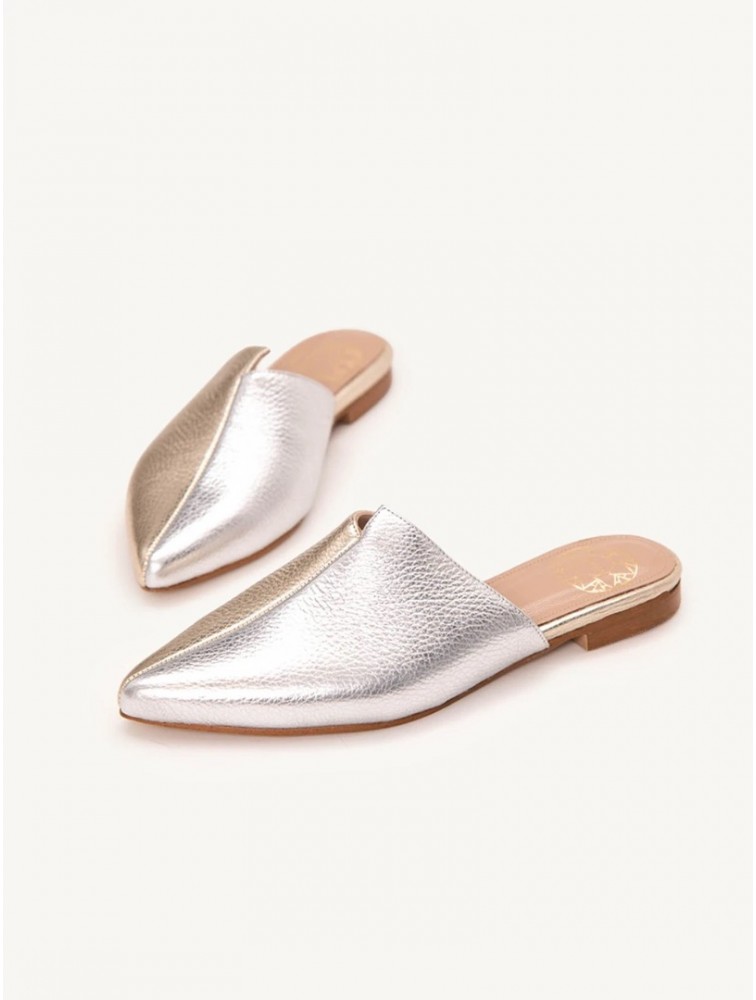 SANDALISTA Pointe Metal Γυναικεία Δερμάτινα Mules Ασημί/Χρυσό