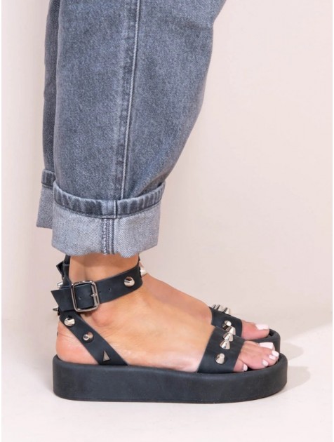 SANDALISTA Rock Caree Gris Γυναικεία Δερμάτινα Flatforms Μαύρα Με Τρουκς