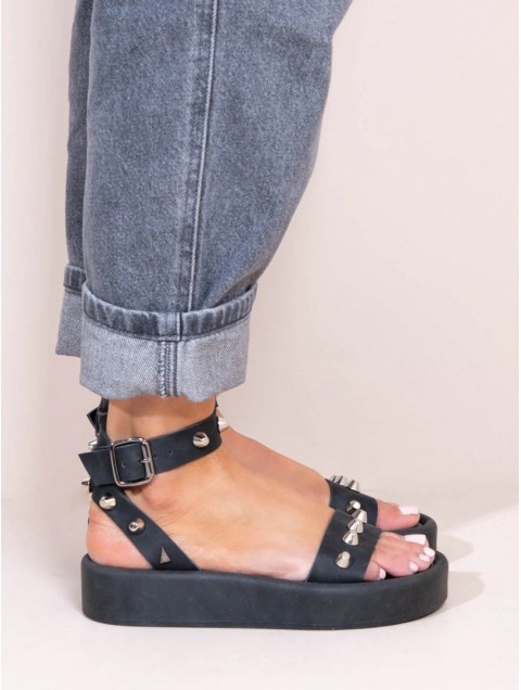 SANDALISTA Rock Caree Gris Women's Leather Flatforms Black With Studs