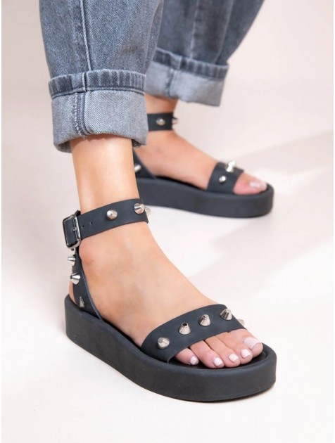 SANDALISTA Rock Caree Gris Γυναικεία Δερμάτινα Flatforms Μαύρα Με Τρουκς