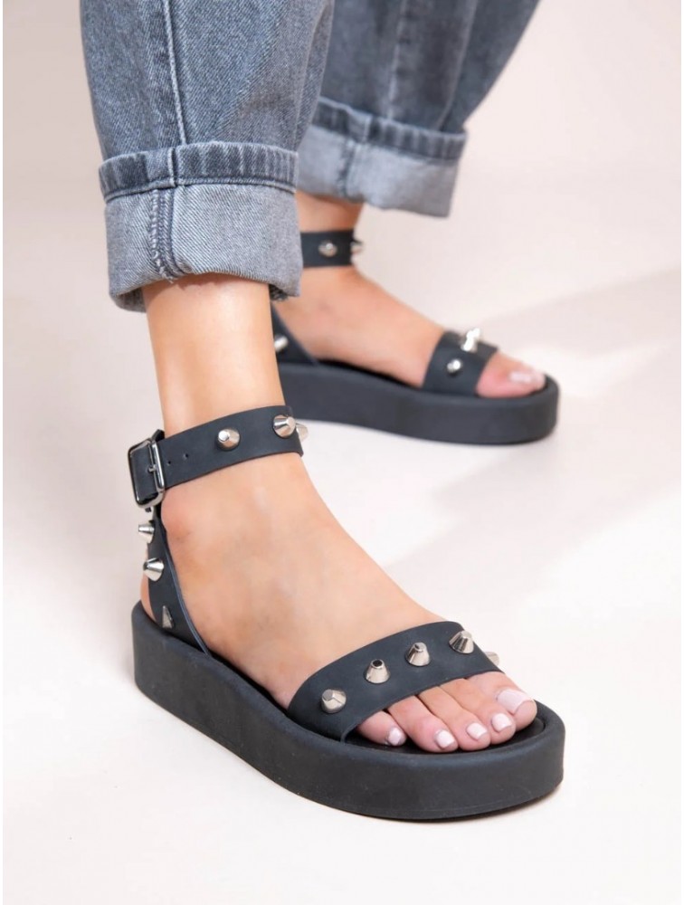SANDALISTA Rock Caree Gris Γυναικεία Δερμάτινα Flatforms Μαύρα Με Τρουκς