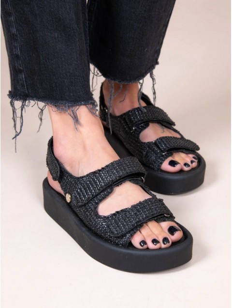 SANDALISTA Jane Noir Women's Black Leather Flatforms