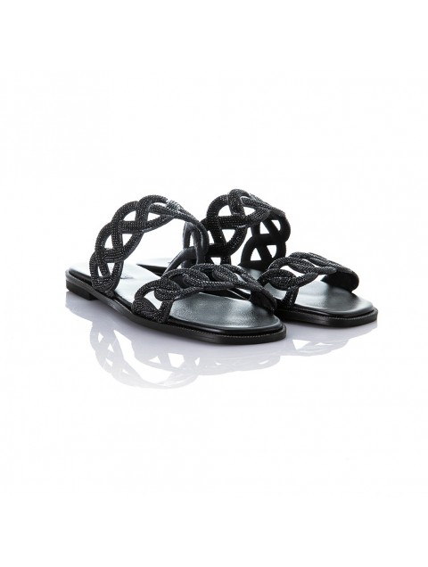 SOFIA MANTA Leather Sandal Black Δερμάτινα Μαύρα Γυναικεία Σανδάλια με Στρας