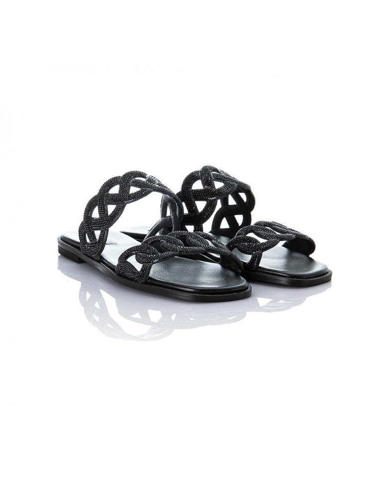 SOFIA MANTA Leather Sandal Black with Rhinestones
