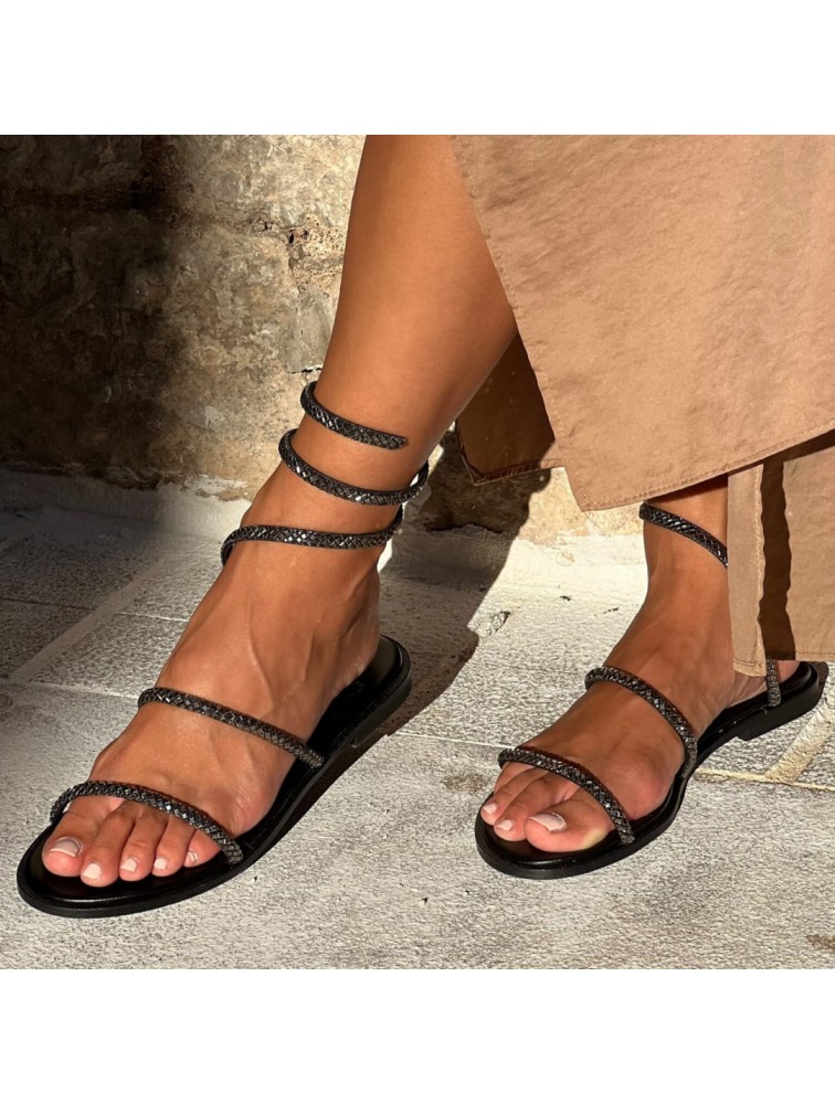 SOFIA MANTA Δερμάτινα ανθρακί γυναικεία σανδάλια