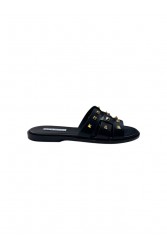 SOFIA MANTA Black Leather Women's Sandals With Gold Studs