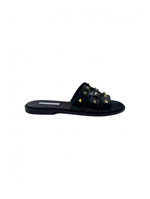 SOFIA MANTA Black Leather Women's Sandals With Gold Studs