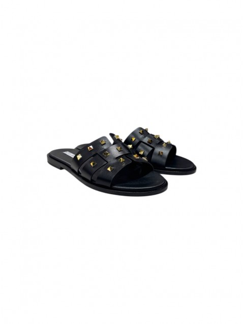 SOFIA MANTA Black Leather Women's Sandals With Gold Studs
