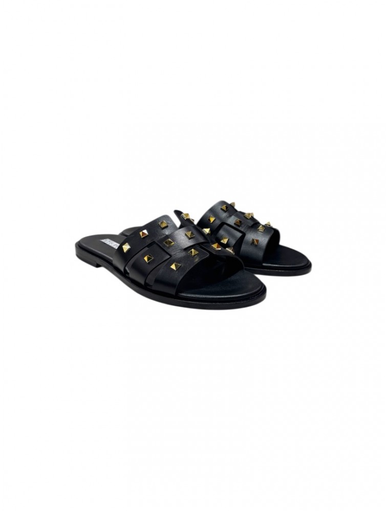 SOFIA MANTA Black Leather Women's Sandals With Gold Studs