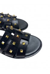 SOFIA MANTA Black Leather Women's Sandals With Gold Studs
