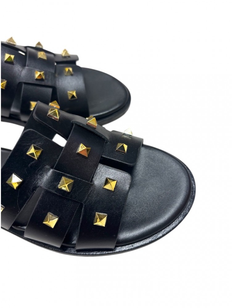 SOFIA MANTA Black Leather Women's Sandals With Gold Studs