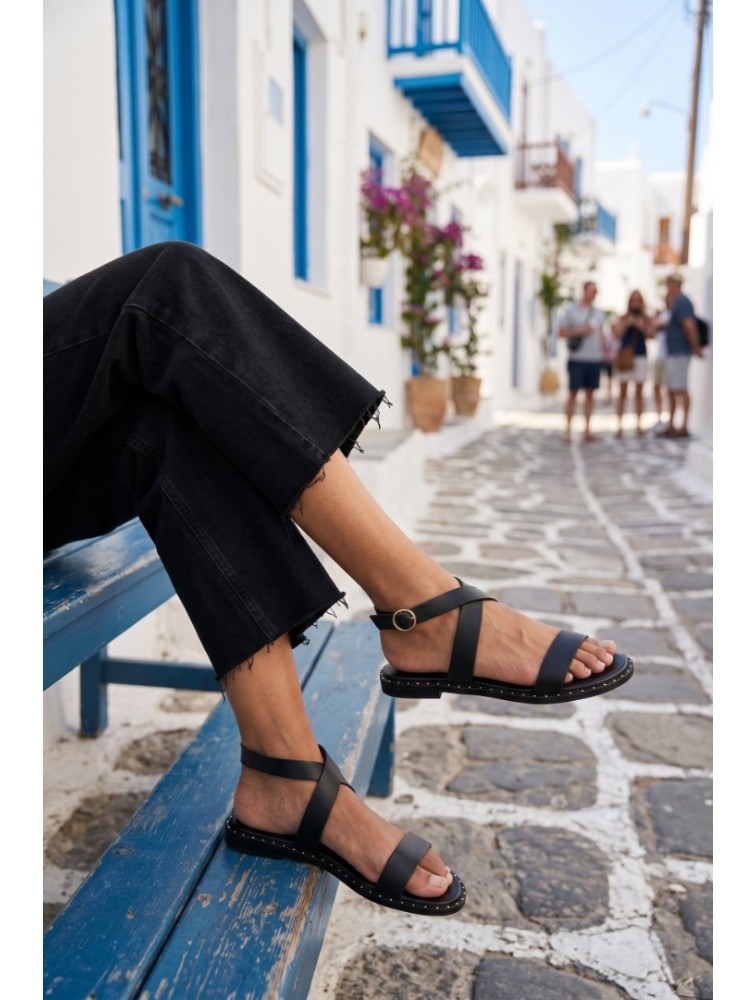 SOFIA MANTA Leather Sandal Black Δερμάτινα Μαύρα Γυναικεία Σανδάλια