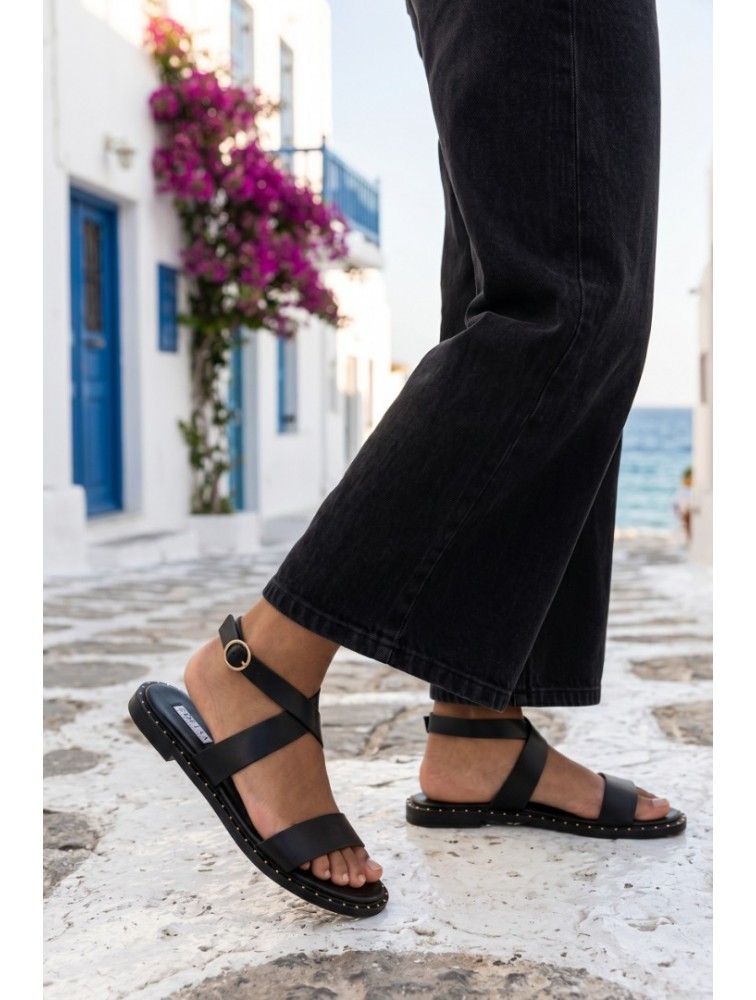 SOFIA MANTA Leather Sandal Black Δερμάτινα Μαύρα Γυναικεία Σανδάλια