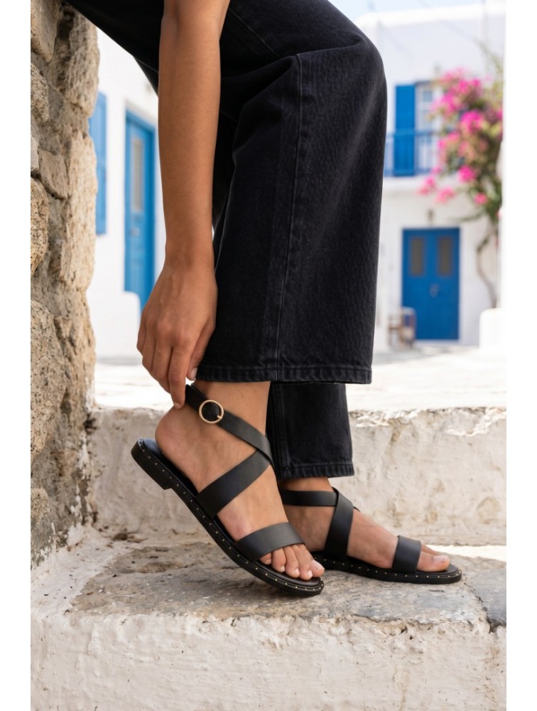 SOFIA MANTA Leather Sandal Black Δερμάτινα Μαύρα Γυναικεία Σανδάλια