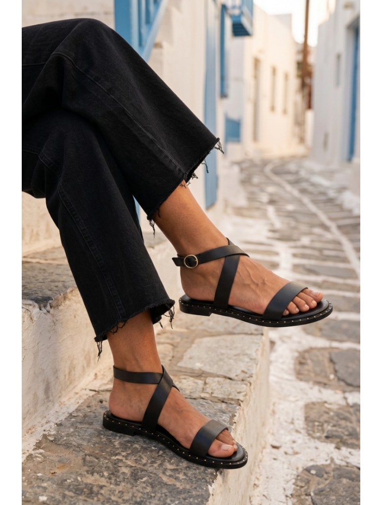 SOFIA MANTA Leather Sandal Black Δερμάτινα Μαύρα Γυναικεία Σανδάλια