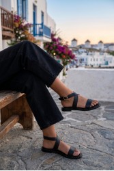 SOFIA MANTA Leather Sandal Black Δερμάτινα Μαύρα Γυναικεία Σανδάλια