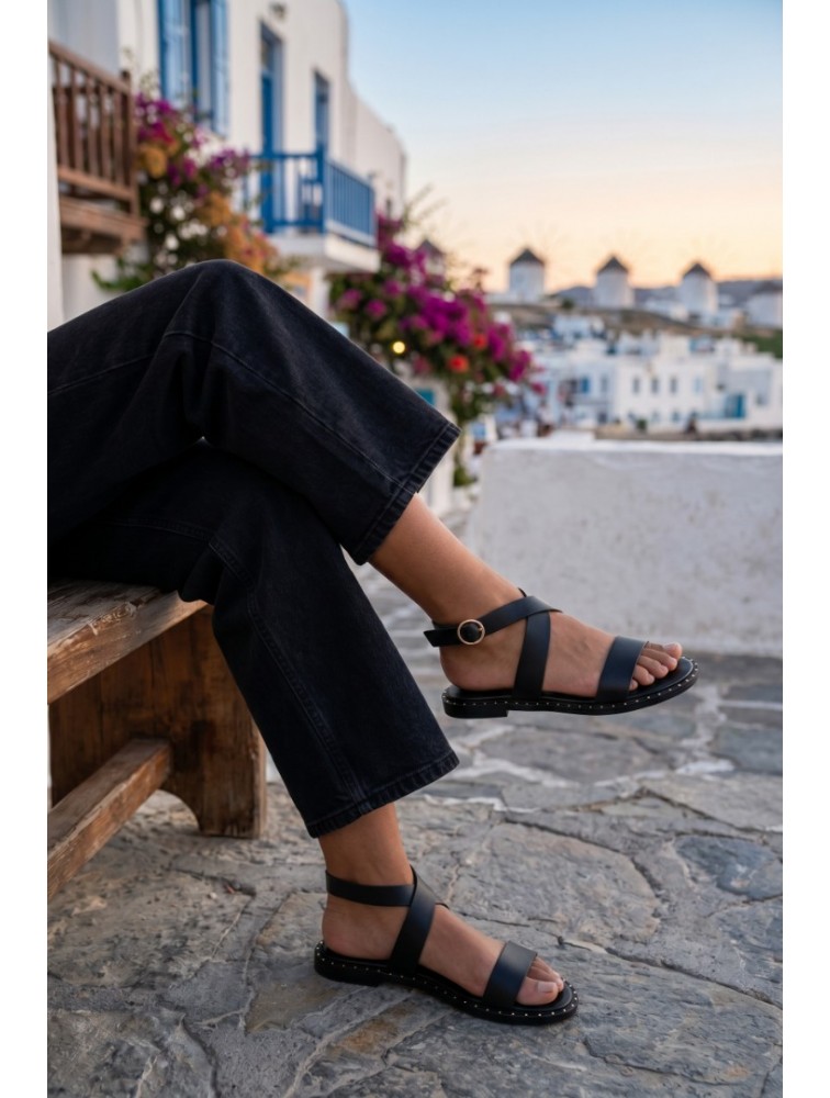 SOFIA MANTA Leather Sandal Black Δερμάτινα Μαύρα Γυναικεία Σανδάλια