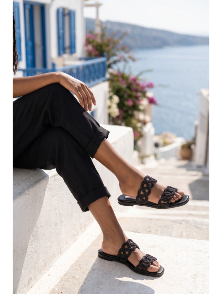 SOFIA MANTA Leather Sandal Black with Rhinestones