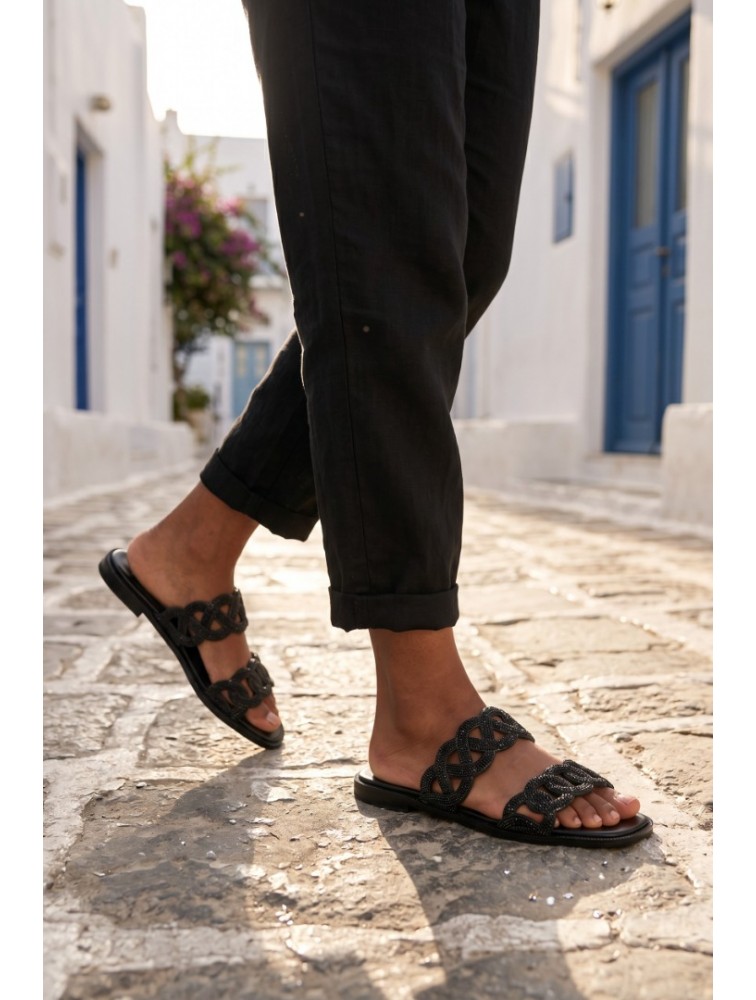 SOFIA MANTA Leather Sandal Black with Rhinestones