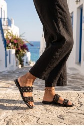 SOFIA MANTA Leather Sandal Black with Rhinestones