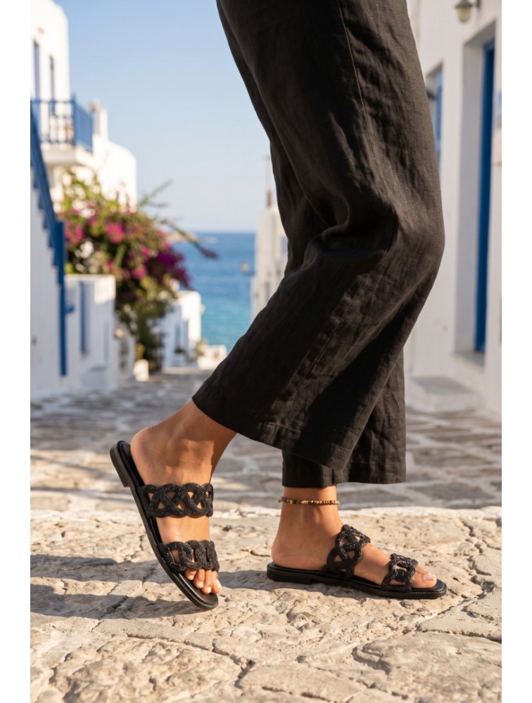 SOFIA MANTA Leather Sandal Black with Rhinestones