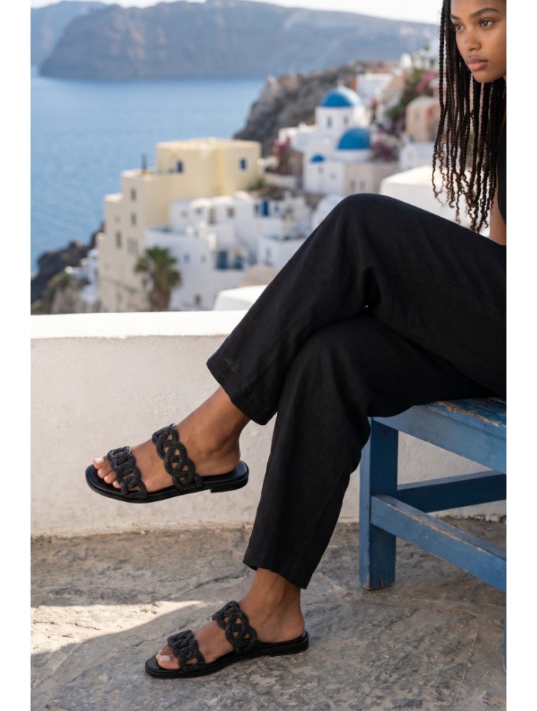 SOFIA MANTA Leather Sandal Black with Rhinestones