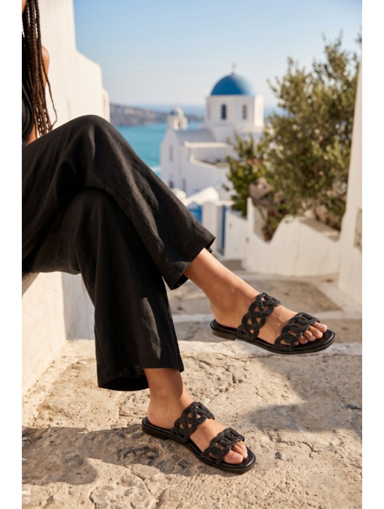 SOFIA MANTA Leather Sandal Black with Rhinestones