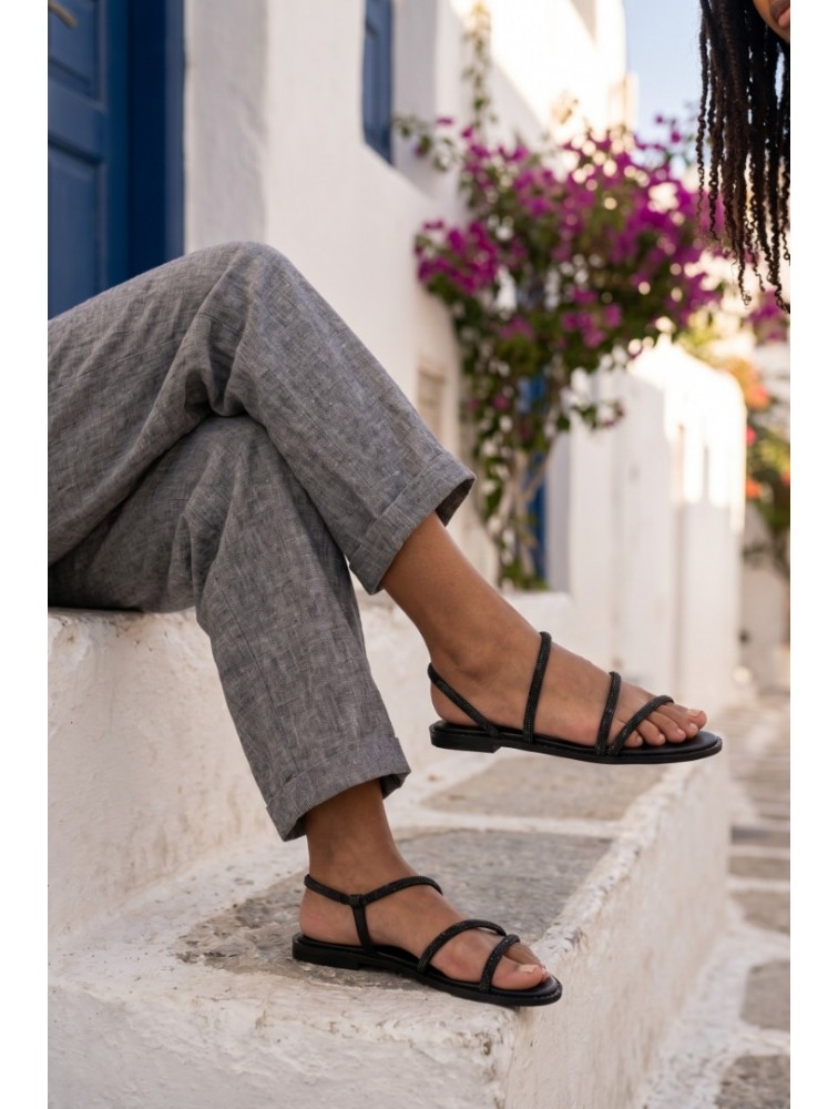 SOFIA MANTA Leather Sandal Black with Strass