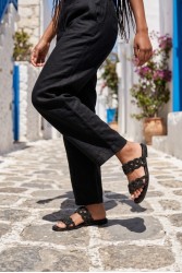 SOFIA MANTA Leather Sandal Black with Rhinestones