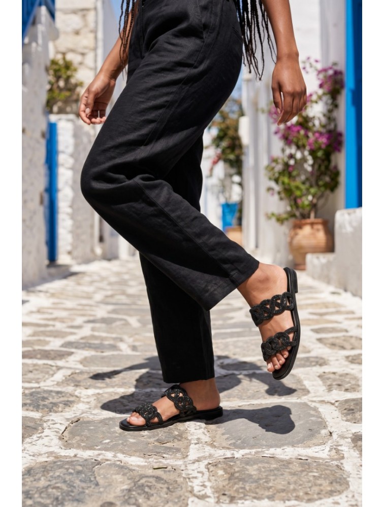 SOFIA MANTA Leather Sandal Black with Rhinestones