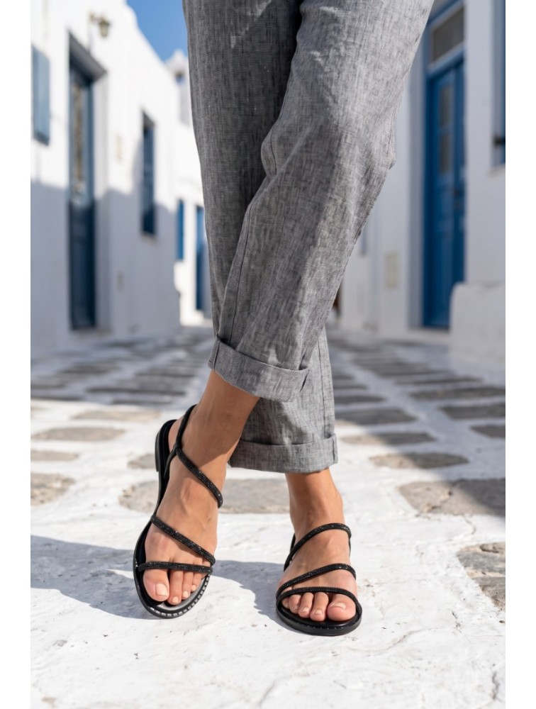SOFIA MANTA Leather Sandal Black with Strass