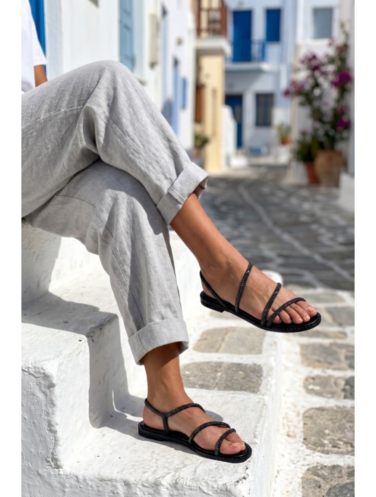 SOFIA MANTA Leather Sandal Black with Strass