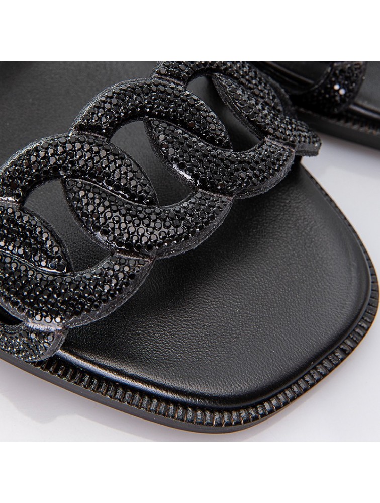 SOFIA MANTA Leather Sandal Black with Rhinestones