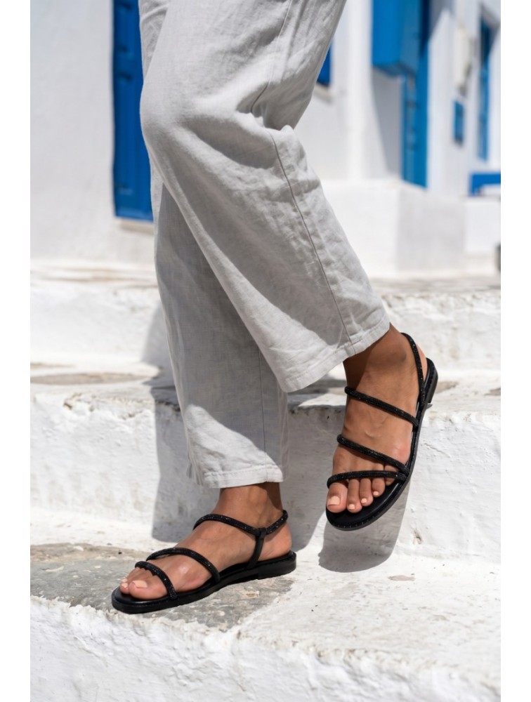 SOFIA MANTA Leather Sandal Black with Strass