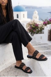 SOFIA MANTA Leather Sandal Black with Rhinestones