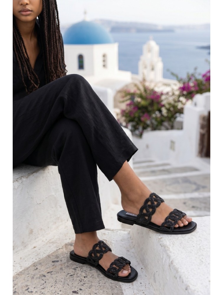 SOFIA MANTA Leather Sandal Black with Rhinestones