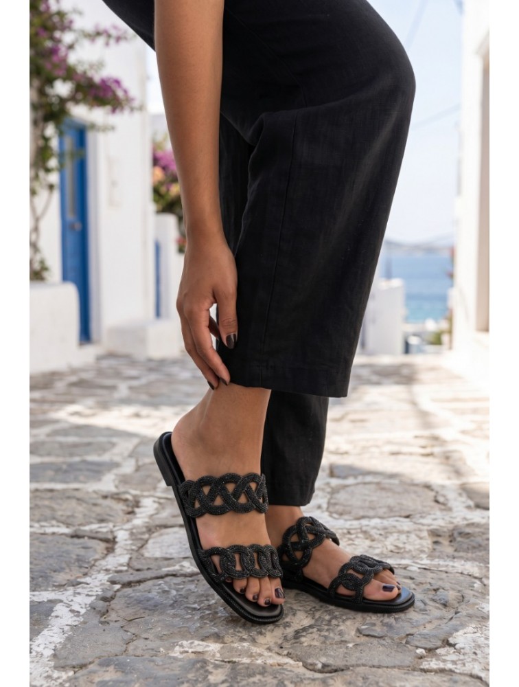 SOFIA MANTA Leather Sandal Black with Rhinestones