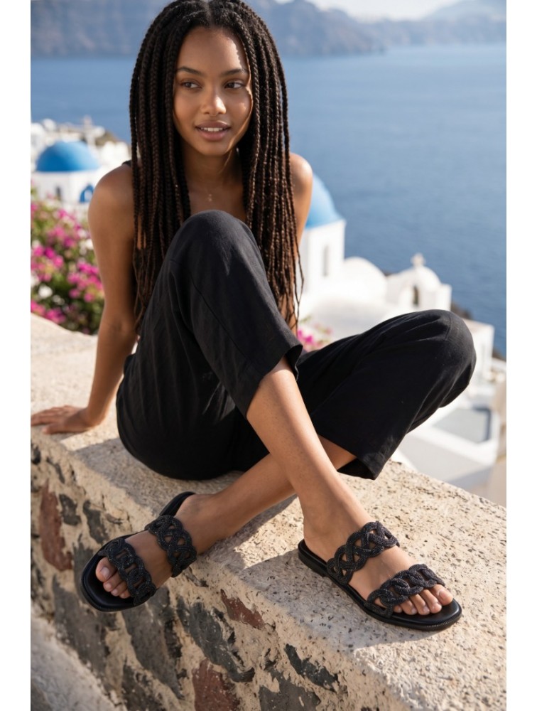 SOFIA MANTA Leather Sandal Black with Rhinestones