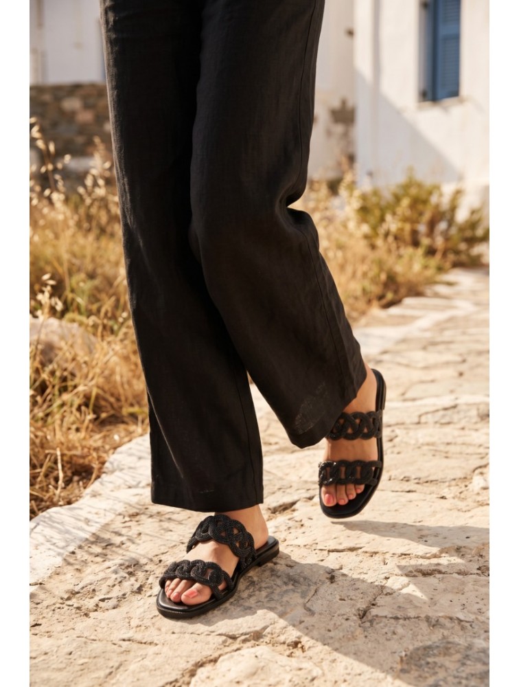 SOFIA MANTA Leather Sandal Black with Rhinestones