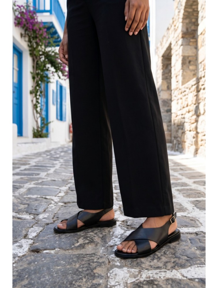 SOFIA MANTA Leather Sandal Black Δερμάτινα Μαύρα Χιαστί Γυναικεία Σανδάλια
