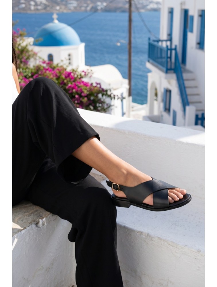 SOFIA MANTA Leather Sandal Black Δερμάτινα Μαύρα Χιαστί Γυναικεία Σανδάλια