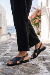 SOFIA MANTA Leather Sandal Black Δερμάτινα Μαύρα Χιαστί Γυναικεία Σανδάλια