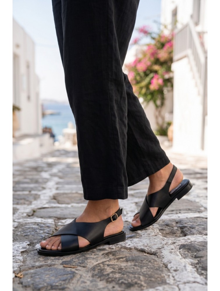 SOFIA MANTA Leather Sandal Black Δερμάτινα Μαύρα Χιαστί Γυναικεία Σανδάλια