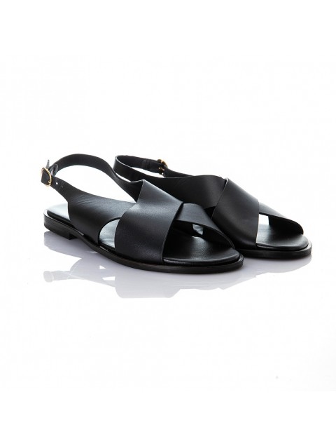 SOFIA MANTA Leather Sandal Black Δερμάτινα Μαύρα Χιαστί Γυναικεία Σανδάλια